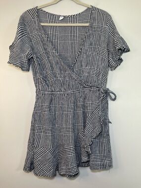 bp Black & White Gingham Tie-Waist Wrap Mini Dress